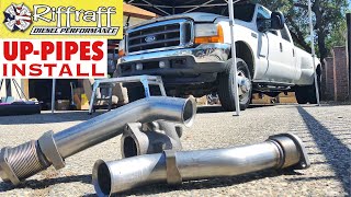 2001 F350 73  RiffRaff UpPipes Install  Stock up pipes leaking and falling apart JUNK SP [upl. by Aretahs]